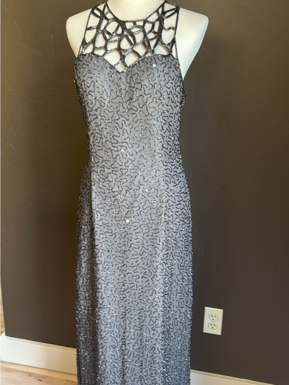 Scala Silver Gray Beaded Prom Gown with Decorative Halter